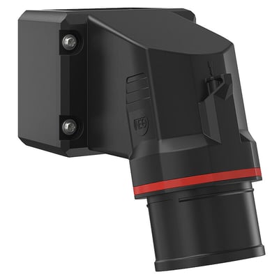 Walther-Werke CEE Vægindtag NEO i sort plast, 16A 5P 6H rød 400V med skrueklemmer og rød stribe på en hvid baggrund.