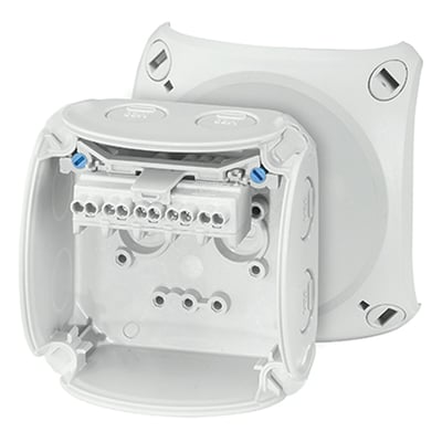 Hensel Kvik forgreningsdåse KF0202G, 93x93 mm, med åbent låg, viser 5-polet klemme med 10 klemsteder.