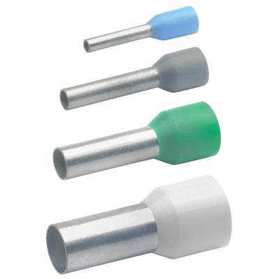 Klauke isolerede terminalrør i fire forskellige farver (blå, grå, grøn, hvid) til 1.5 mm² ledere, DIN 46228 del 4 standard.