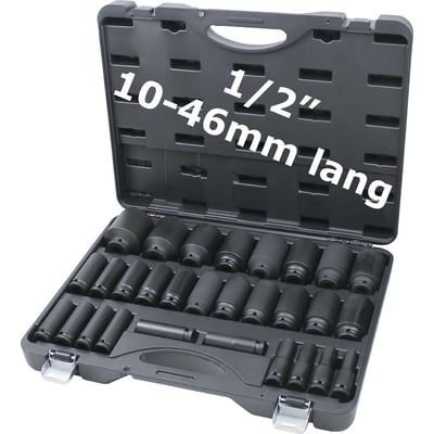 Komplet 29-delt krafttopsæt med lange 6-kant toppe, 1/2" tilslutning, størrelser 10-46mm i sort opbevaringskuffert.