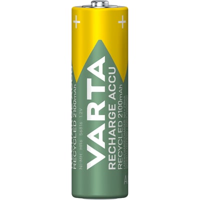 Enkelt Varta Recharge Accu Recycled AA batteri med 2100mAh kapacitet, viser den grønne og gule farvekombination.