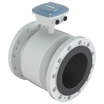 Siemens SITRANS FMS300 flowmåler DN150 med PTFE-foring og Hastelloy-elektroder, set skråt forfra uden transmitter.