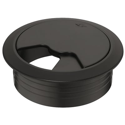 Sort kabelgennemføring på 80 mm med rund flange og åbning til kabler, set skråt ovenfra.