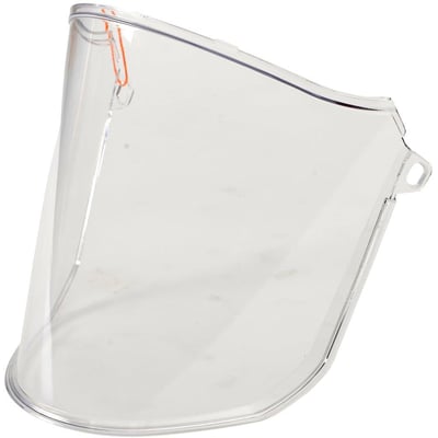 Sidevisning af OX-ON Protective Visor Comfort, et klart, buet visir af polykarbonat med clips til montering.