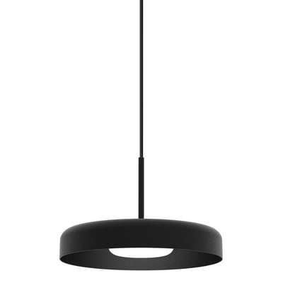 Molto Luce Sven PD Pendel i sort metal, vist ovenfra med sort ophængsledning mod hvid baggrund.