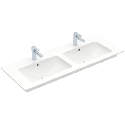 Villeroy & Boch Venticello dobbeltvask på 130 cm med to kummer og synlige armaturer, set skråt ovenfra.