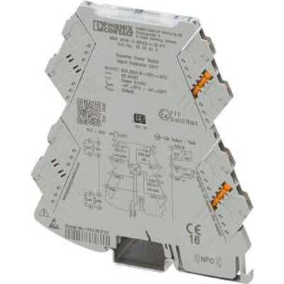 Phoenix Contact Mini MCR-2-RPSS-I-2I-PT signalkonverter med tydelig mærkning af funktioner og tilslutningsdiagrammer på grå plastik. CE-mærket.