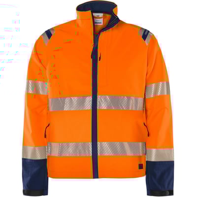 Hi-Vis orange Kansas arbejdsjakke i størrelse 4XL med mørkeblå detaljer og reflekterende striber på krop og ærmer.