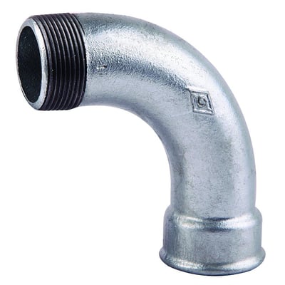 Unico galvaniseret 90 graders bøjning med 2" muffe og nippel til rørinstallation, vist på hvid baggrund.