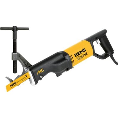 REMS Tiger bajonetsav med gul og sort krop, medfølgende rørholder og savklinge. Robust værktøj til installatøren.