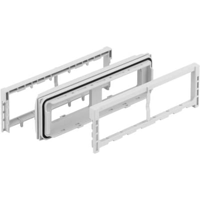 Spelsberg AK3 KFL sammenbygningsflange i lysegrå polystyrol (RAL 7035), vist i adskilte dele med tætningsring.