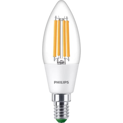 Philips LED kerte med E14 sokkel, 2,3W effekt og 485lm lysstyrke i klar filament-stil. Lampen er hvid med synlige orange lyskilder.