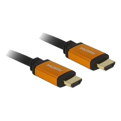 Delock High Speed HDMI kabel på 2 meter med sorte kabler og orange stik med HDMI logo.