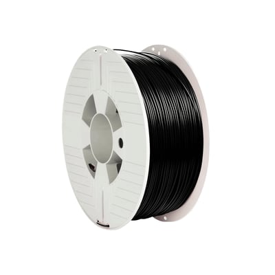 Verbatim 3D printer filament PLA i sort, 1.75 mm diameter og 1 kg vægt på en hvid spole.