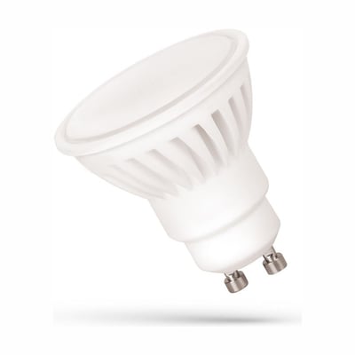 SpectrumLED GU10 LED-pære på 10 W med hvid keramisk krop og to metalstifter, set skråt forfra.