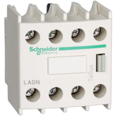 Schneider Electric LADN04 hjælpeblok i hvid med 4NC kontakter og grøn TeSys-stribe på neutral baggrund.