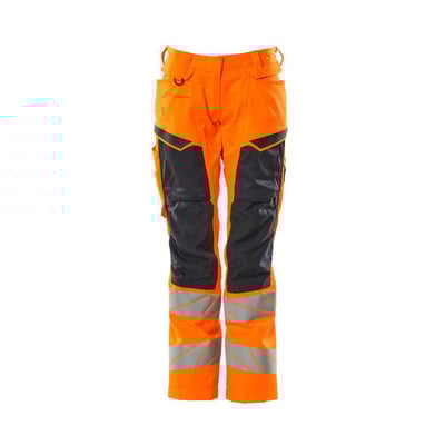 Mascot Hi-Vis damebukser i orange og mørk marine med refleksdetaljer og CORDURA knælommer.