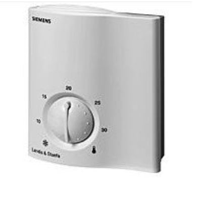 Siemens RCU15 rumtermostat i hvid plast med drejeknap til temperaturindstilling fra 10 til 30 grader.