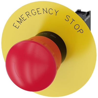 Siemens nødstop med rød paddehattryk og gul bagplade med inskriptionen EMERGENCY STOP.