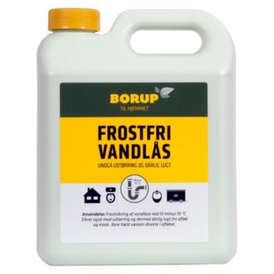 Borup Kemi Frostfri Vandlås 2,5L beholder med gult skruelåg og grøn/gul etikette, beskytter mod frost og lugt.