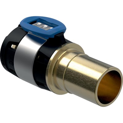 Geberit FlowFit overgang til Mapress i blyfri rødgods, 32x28mm, med blå aktiveringshåndtag.