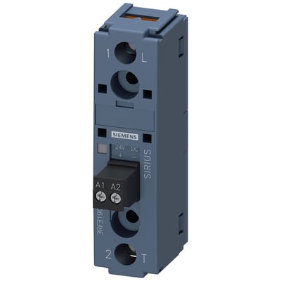 Siemens halvlederrelæ Sirius, 1-faset 90 A, med gråt, smalt hus, tilslutningshuller og skrueterminaler.