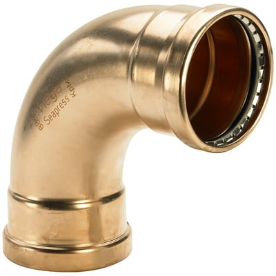 Viega Seapress XL presbøjning 90 grader, 88,9 mm, lavet af CuNi10Fe1,6Mn, med muffe/muffe til havvandsapplikationer.