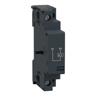 Sideprofil af Schneider Electric TeSys underspændingsudløser til 220-240V 60Hz, viser monteringsdetaljer og mærkning.