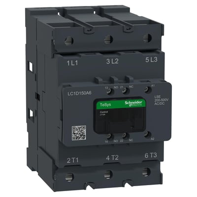 Schneider Electric 3-polet TeSys Deca Advanced kontaktor, model LC1D150A6, med 200-500V AC/DC spole og 1NO+1NC kontakter.