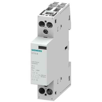 Siemens Insta-kontaktor med 2 NO-kontakter, set skråt forfra med tilslutninger og mærkning synlige.
