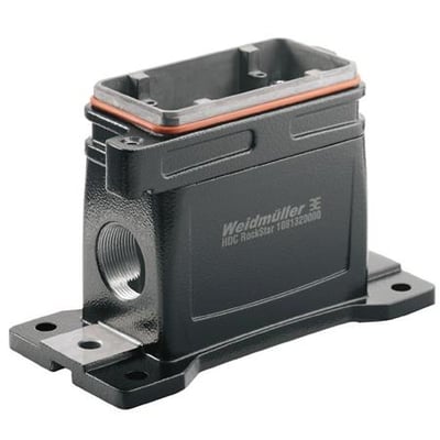 Weidmüller sokkelhus HDC IP68 16B, sort aluminium, med M32 gevind til montering på flade overflader.