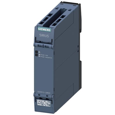 Siemens SIRIUS 3UG5512-2AR20 overvågningsrelæ til fasefejl, fasesekvens og asymmetriovervågning i mørkeblå plast.