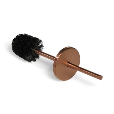 Blue Label toiletbørsteindsats i børstet bronze med sort børstehoved og rundt beslag, vist liggende skråt.