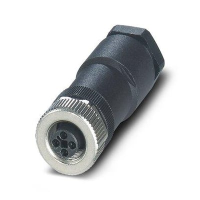 Phoenix Contact SACC-M12FST-3PECON-PG11-M stik med 4 pins, sort hus og metalgevind på hvid baggrund.