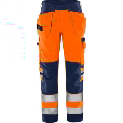 Fristads Green håndværkerbuks i Hi-Vis orange og marineblå med flere lommer og reflekser.
