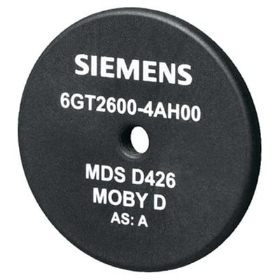 Siemens Transponder MDS D426 chip, sort rund disk med hvid tekst 'SIEMENS', '6GT2600-4AH00', 'MDS D426', 'MOBY D' og 'AS: A'.