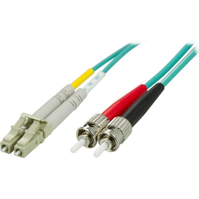DELTACO LC-ST fiberkabel med grønne duplexkabler og LC- og ST-stik, set skråt fra enderne.