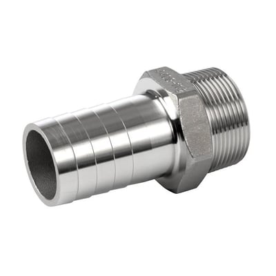 Syrefast slangestuds-nippel BSPT i blankt metal med 6,3 mm slangestuds og udvendigt 1/8-tommers gevind.