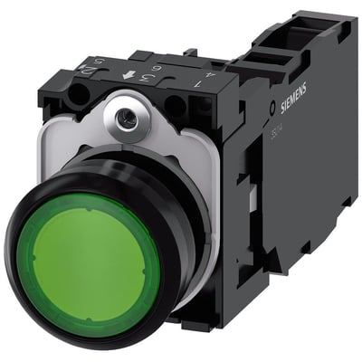 Siemens oplyst trykknap i grøn med 22mm diameter og 1NO/1NC kontakter. Knappen har et rundt, fladt design og sidder på en sort base med mærkninger.