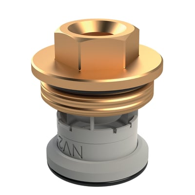 Kemper Protect kontraventil til afgang DN25, viser detaljer af messing top og grå plastventilhus.