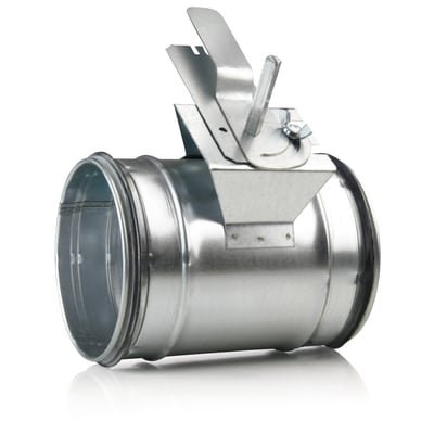 Air2Trust Afspærringsspjæld DSL 315 mm, en cylinderformet metalventil med synlige samlinger og en justerbar spjældmekanisme på toppen.