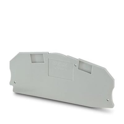 Phoenix Contact endeplade D-UTME 6 i grå plast, med indgraveret tekst og monteringshuller, vist på hvid baggrund.