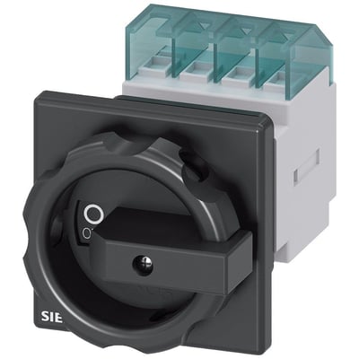 Siemens SENTRON 3LD2 hovedafbryder, 4-polet og 25 A, med sort drejegreb og gennemsigtigt terminaldæksel.