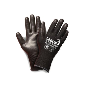 Et par sorte Lebon Masterblack Cut D arbejdshandsker i størrelse 11, vist på en hvid baggrund med hvid tekst der viser logo og certificering.