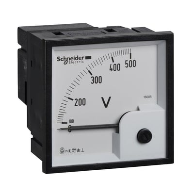 Schneider Electric analog voltmeter, 0-500VAC, viser skala med 0, 100, 200, 300, 400 og 500 volt samt et justeringshjul.