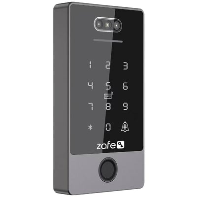 Zafe Reader FACE kodetastatur med ansigtsgenkendelse, sort og gråt med numeriske taster, kamera og rund sensor.