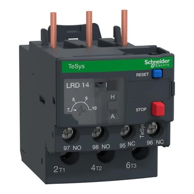 Schneider Electric LRD termorelæ med et indstillingsområde på 7-10A, vist med reset- og stopknapper samt mærkninger.