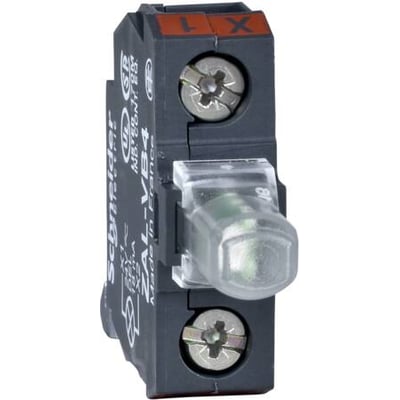 Schneider Electric lysmodul til bundmontage med universal LED, 110-120 VAC og skrueterminaler. Modulet er gråt med tydelig mærkning og en gennemsigtig LED-indikator.
