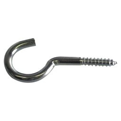 Nærbillede af elforzinket skruekrog med trægevind, der viser detaljer ved gevindet og den krumme form.