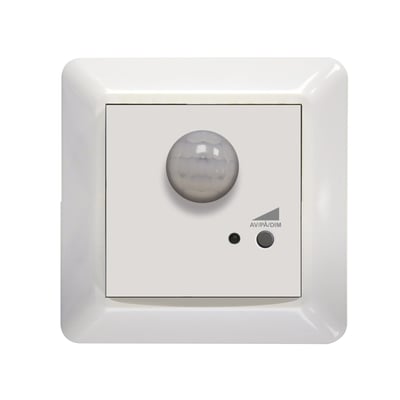 MBD DIMLED bevægelsessensor i polarhvid med synlig bevægelsessensor og AV/PÅ/DIM knap på hvid baggrund.
